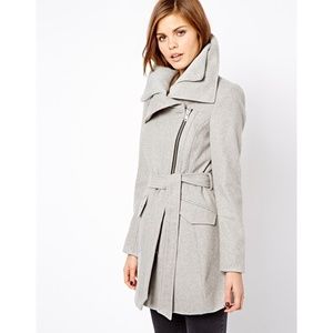 Warehouse Gray Rib Collar Biker Wool Coat